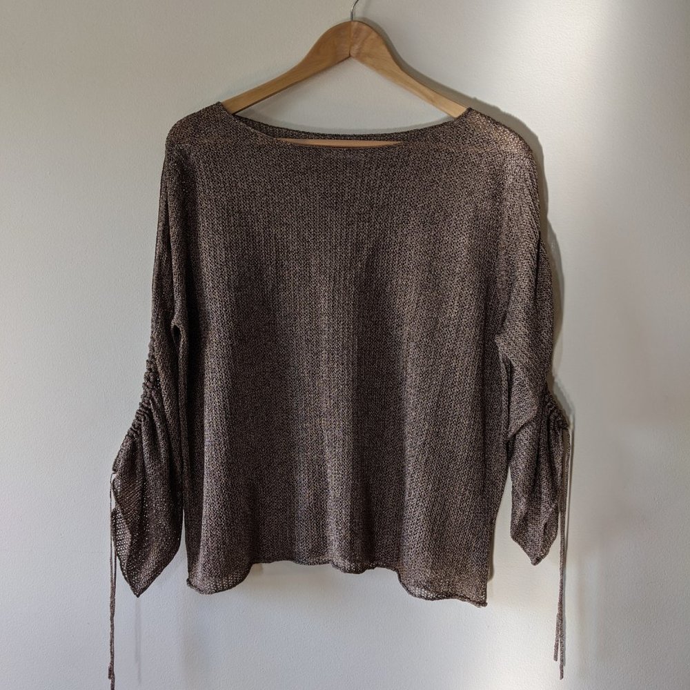 ZARA KNIT Ruched Sleeves Bronze Scoop Neck Sweater
